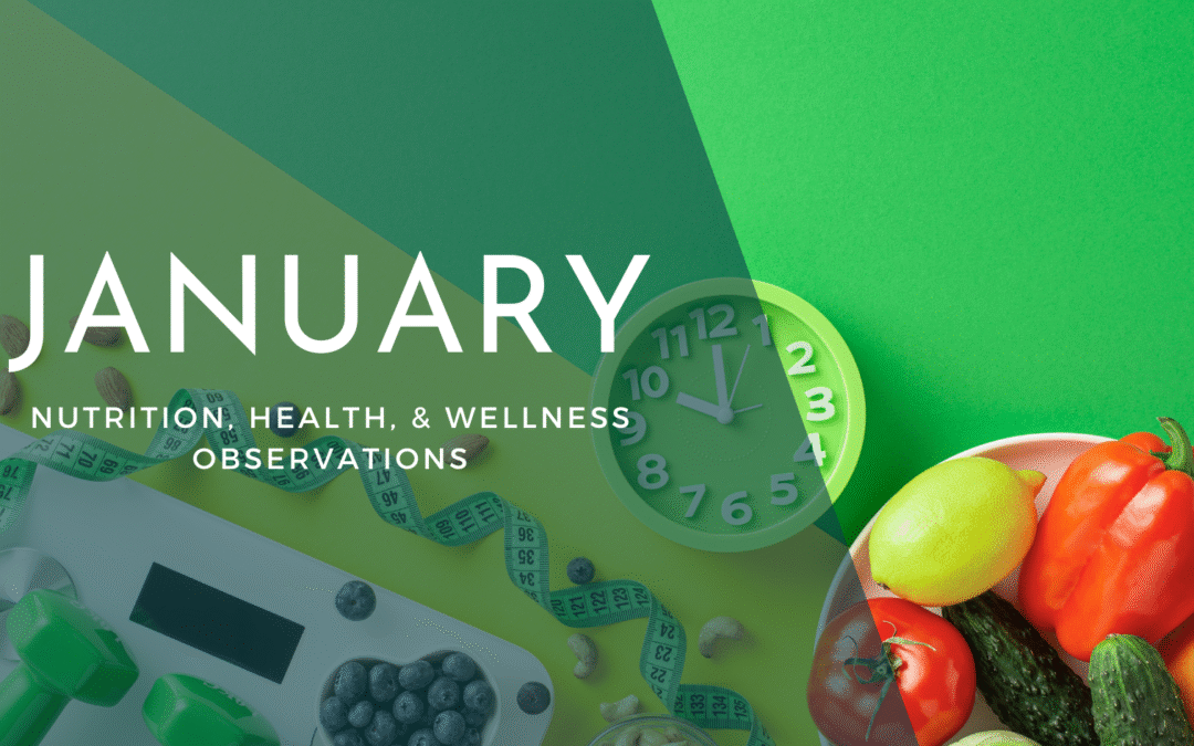 January 2026 nutrition observances calendar showing National Fiber Focus Month and Healthy Weight Awareness Week