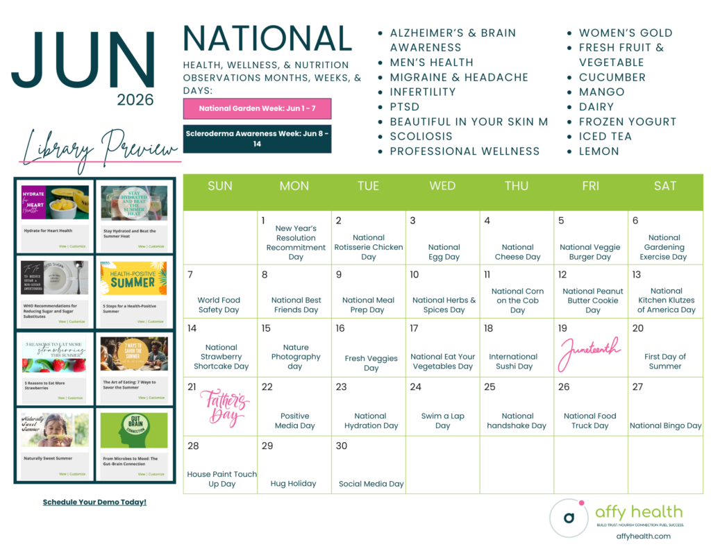 June 2026 Nutrition Health and Wellness observation dates, sample  